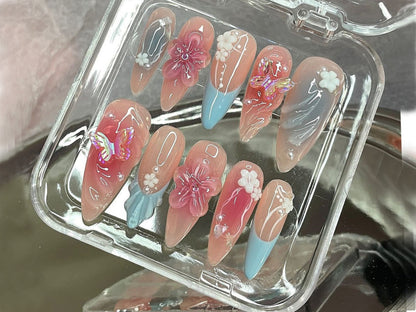 Spring Blossom Press On Nails, Stunning Floral Acrylic, Elegant Floral Nail Charm