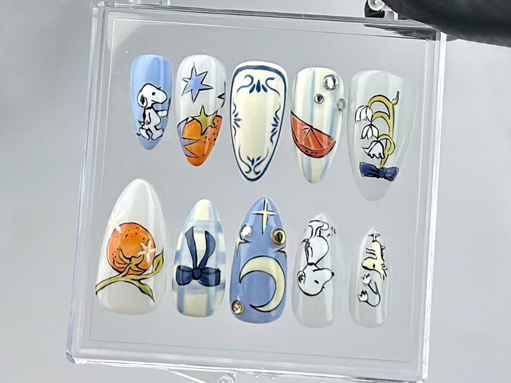 Snoopy Inspired Press On Nails, Artistic Snoopy and Moon Nail Art, Cartoon-Themed Fake