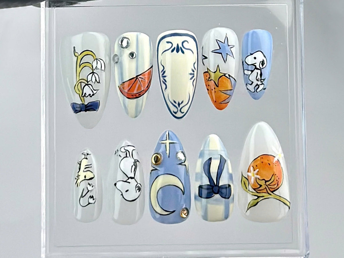 Snoopy Inspired Press On Nails, Artistic Snoopy and Moon Nail Art, Cartoon-Themed Fake