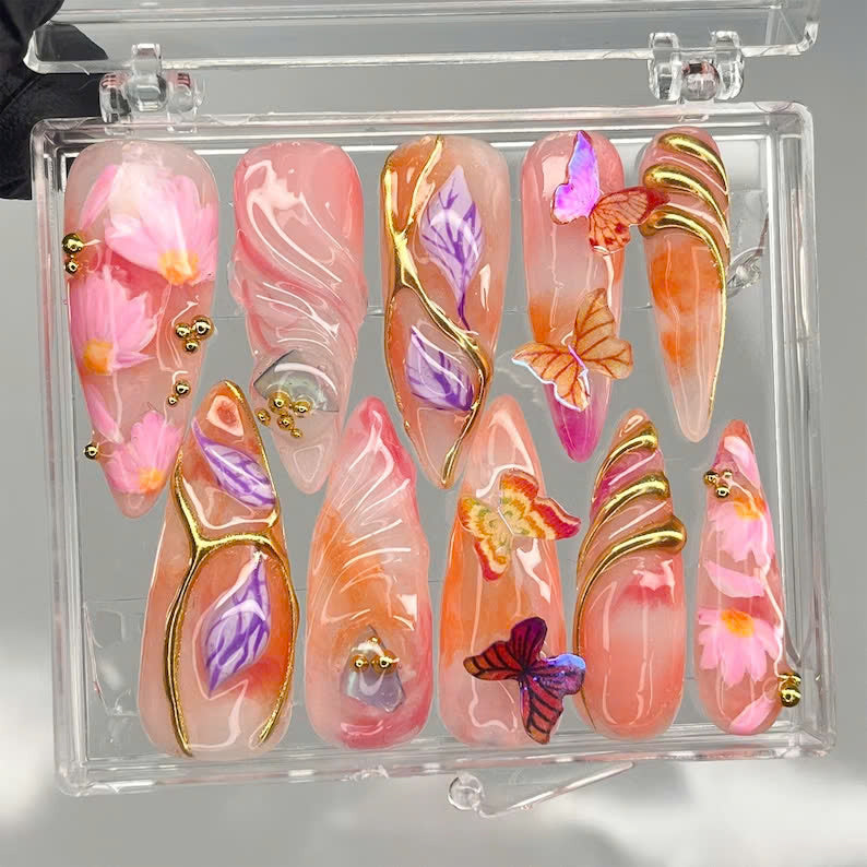 Luxury Summer Press On Nails Whimsical Butterfly Nail Art Vibrant Summer Fake Nails Glossy Orange & Pink Nails OB1002Y