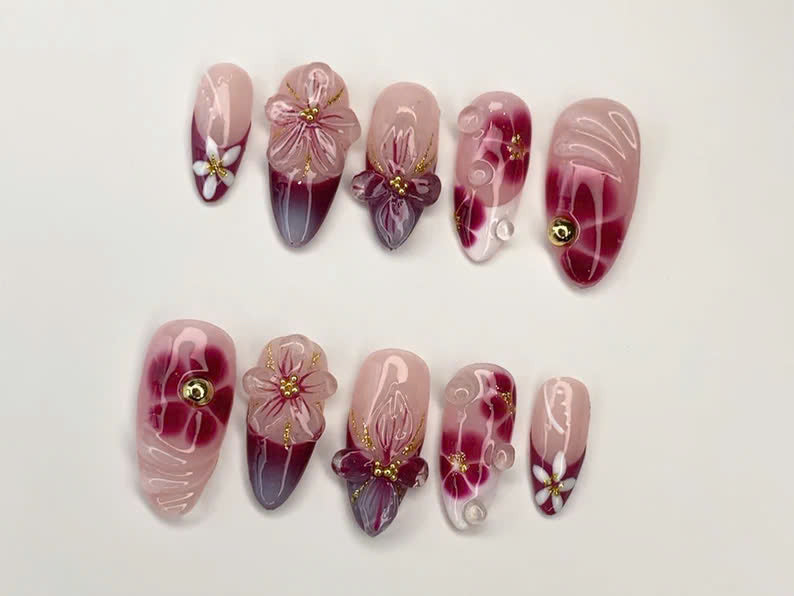 Elegant Floral Press-On Nails Handcrafted Pink - Burgundy Gradient3D Flowers - Rhinestone Accents| Perfect for Special Occasions|OC349SL