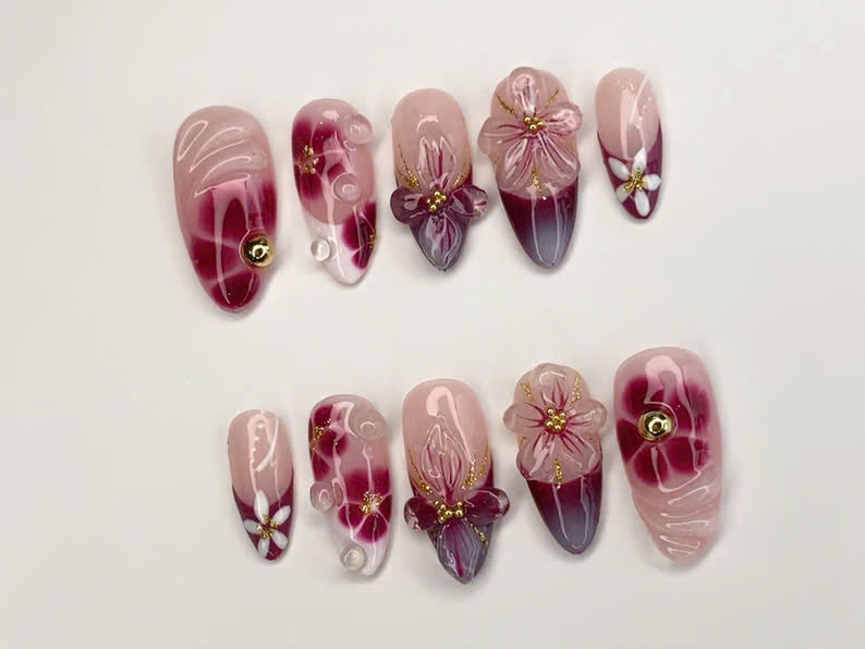 Elegant Floral Press-On Nails Handcrafted Pink - Burgundy Gradient3D Flowers - Rhinestone Accents| Perfect for Special Occasions|OC349SL