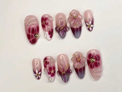 Elegant Floral Press-On Nails Handcrafted Pink - Burgundy Gradient3D Flowers - Rhinestone Accents| Perfect for Special Occasions|OC349SL