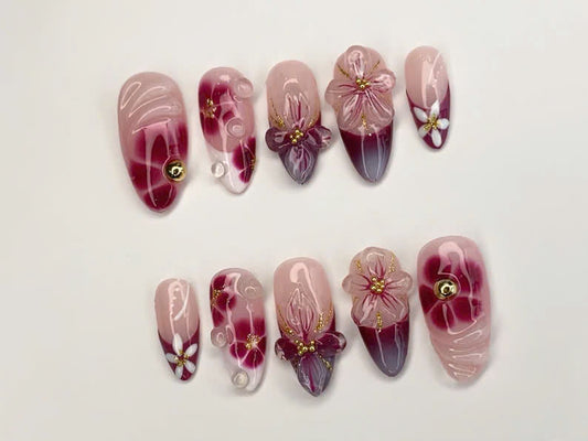 Elegant Floral Press-On Nails Handcrafted Pink - Burgundy Gradient3D Flowers - Rhinestone Accents| Perfect for Special Occasions|OC349SL