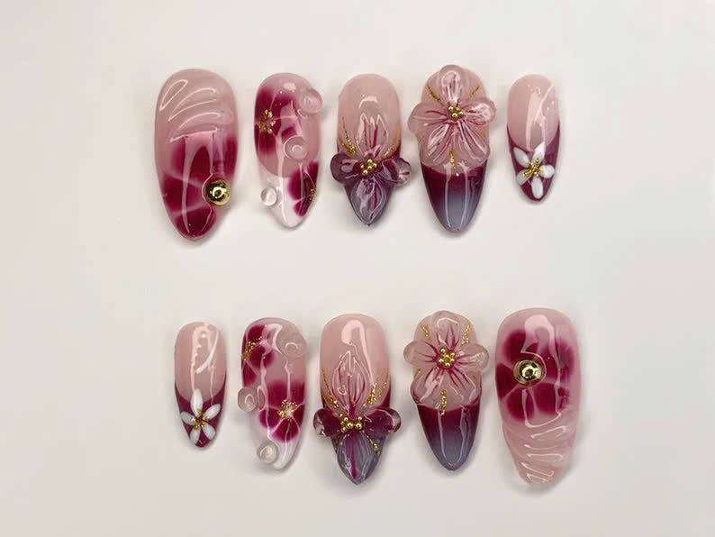 Elegant Floral Press-On Nails Handcrafted Pink - Burgundy Gradient3D Flowers - Rhinestone Accents| Perfect for Special Occasions|OC349SL