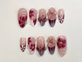 Elegant Floral Press-On Nails Handcrafted Pink - Burgundy Gradient3D Flowers - Rhinestone Accents| Perfect for Special Occasions|OC349SL